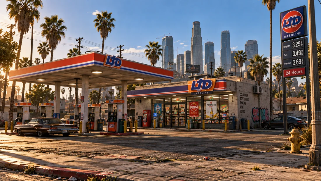 Tankstelle und Skyline von Los Santos